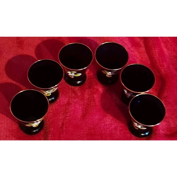 Set 6: Vintage Cobalt Blue Gold Guilded Hand Painted Shot Glasses - Picture 3 of 6